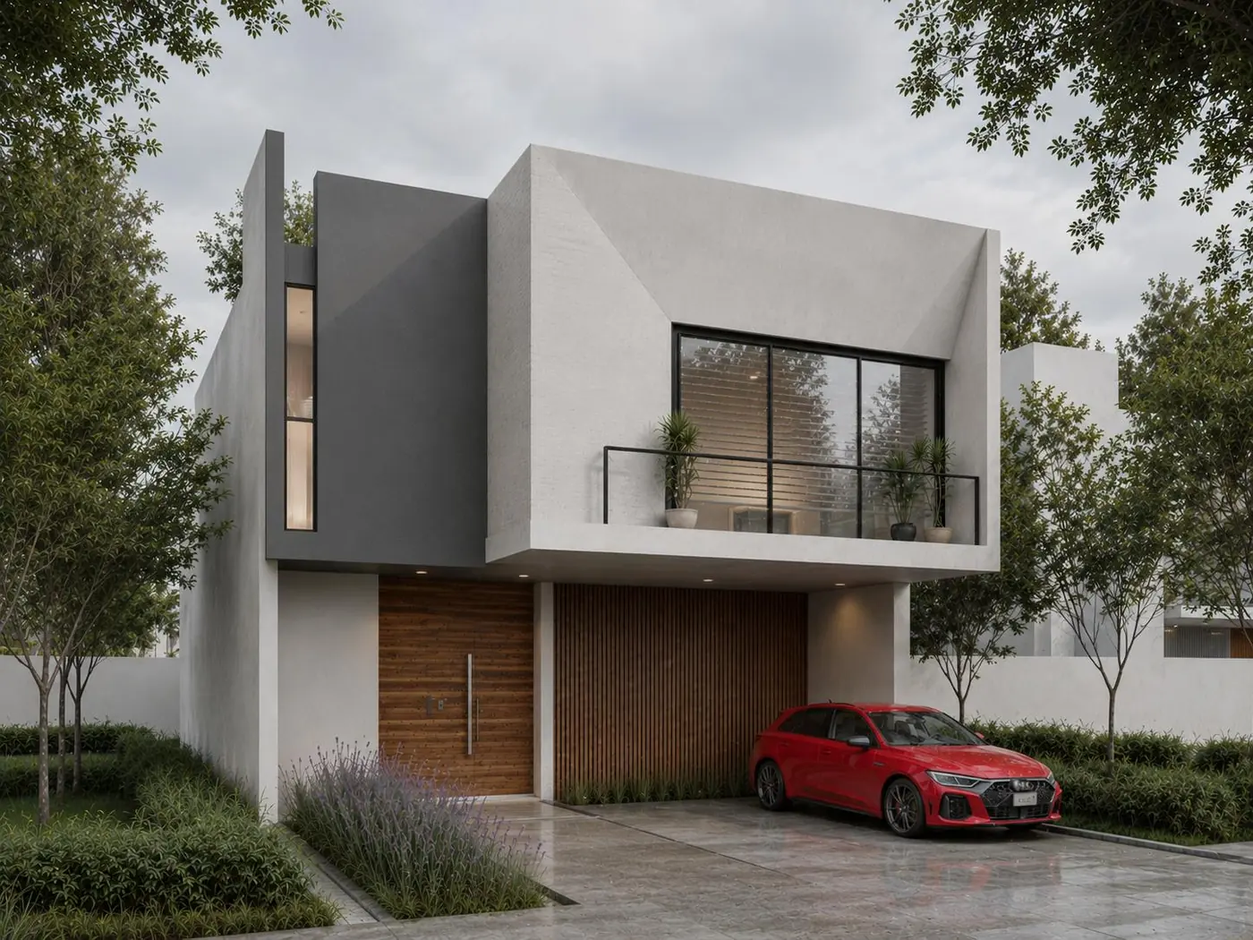 Propuesta de la residencia Soaré, fachada blanca con madera