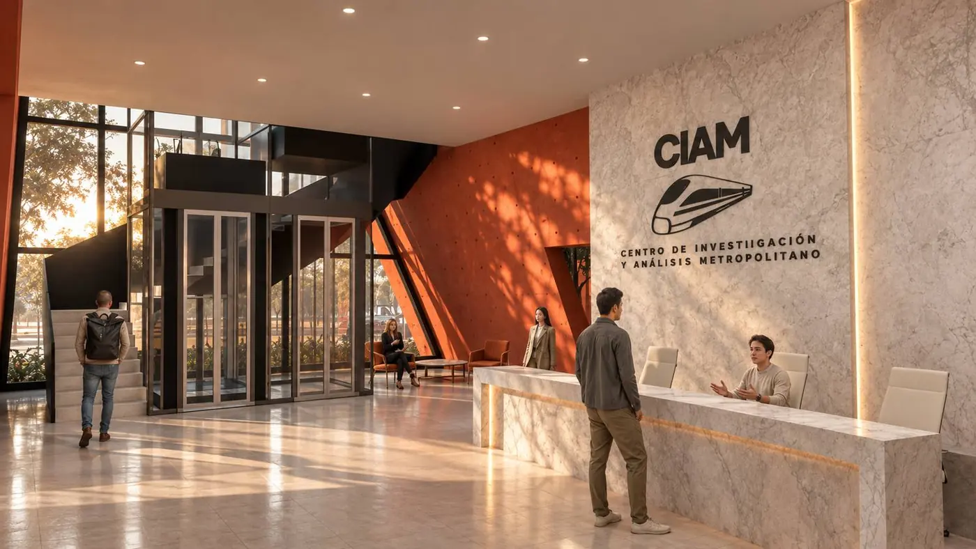 Recibidor del CIAM con muro de piedra y escalera