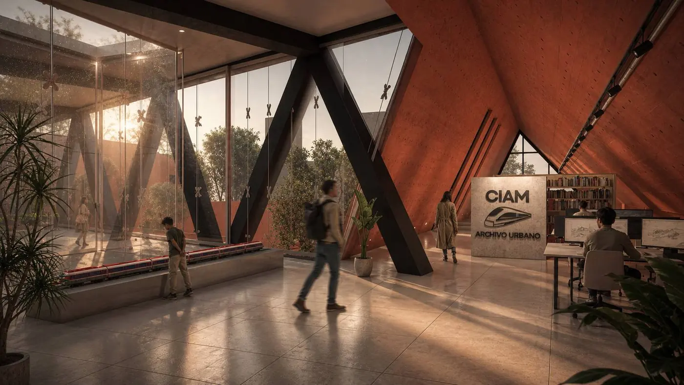 Archivo urbano del CIAM bajo la cubierta inclinada de terracota