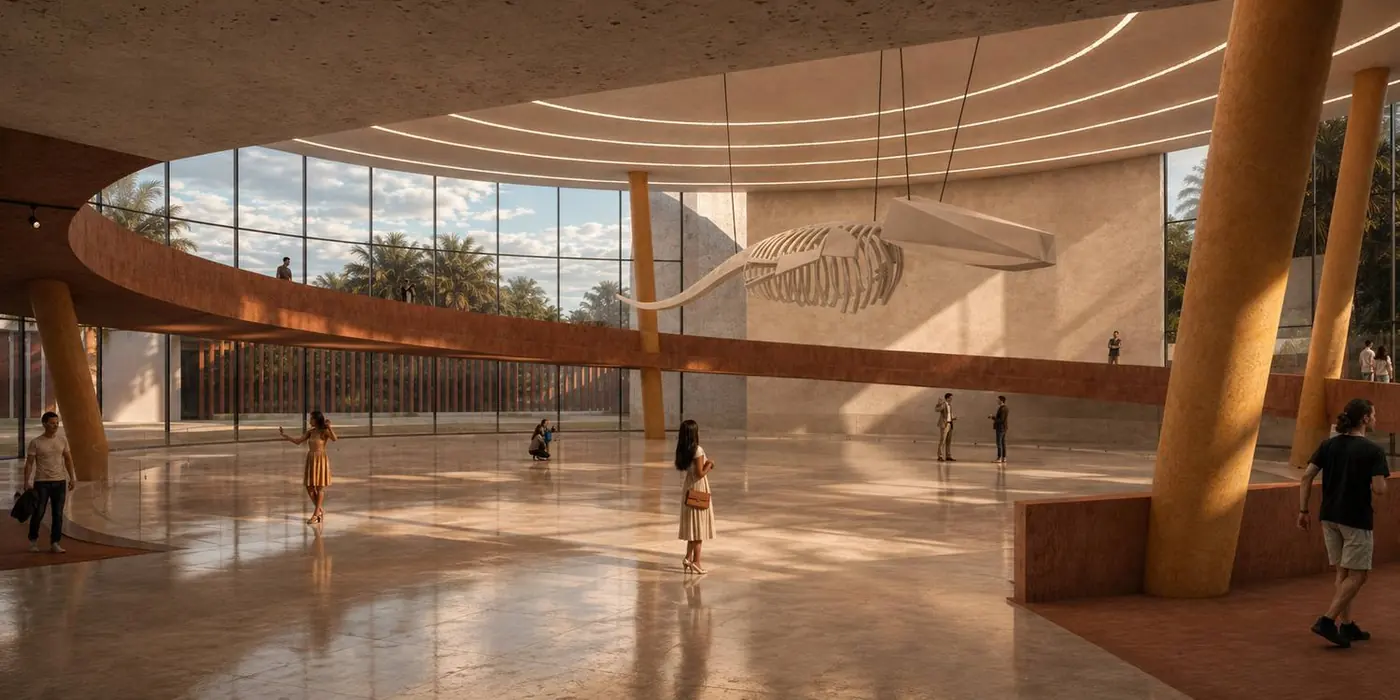 Interior del pabellón circular con rampa perimetral y pieza suspendida