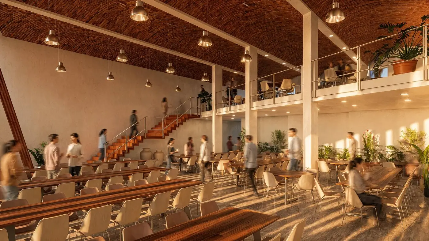 Comedor con bóveda de ladrillo y mezzanine
