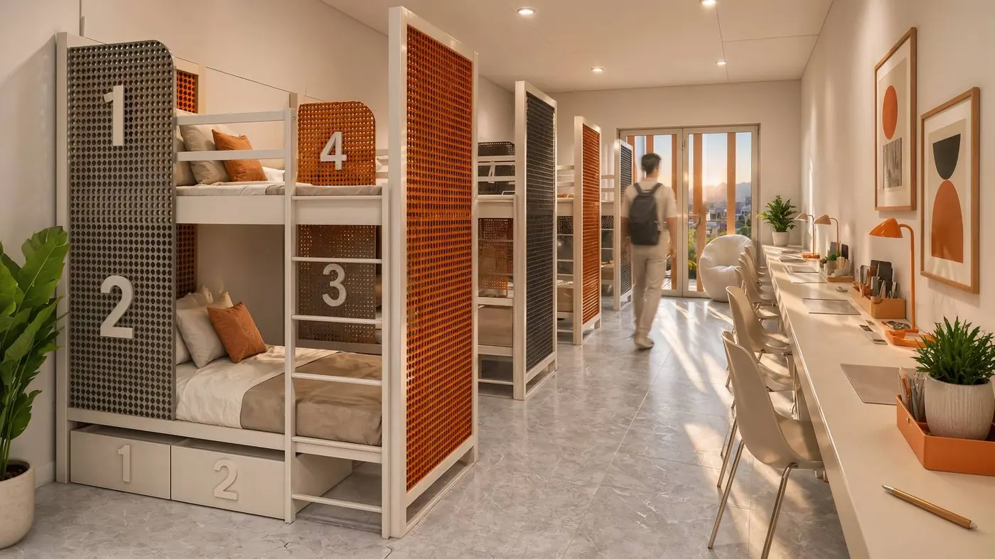 Habitación con literas y paneles perforados